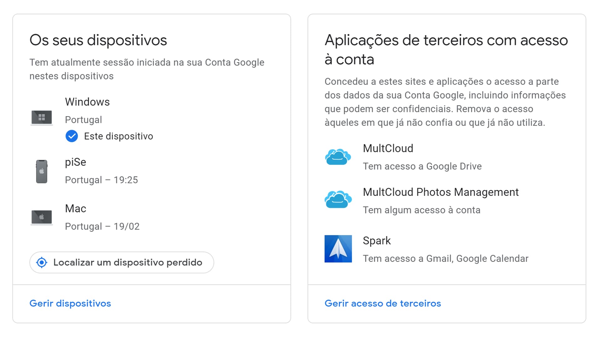 Dispositivos no Gmail